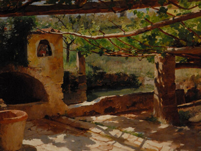 Frank Duveneck (American, 1848 – 1919), Well and Water Tank, Italian Villa, c. 1887, oil on canvas, 25 x 38 in., The Jean and Graham Devoe Williford Charitable Trust.