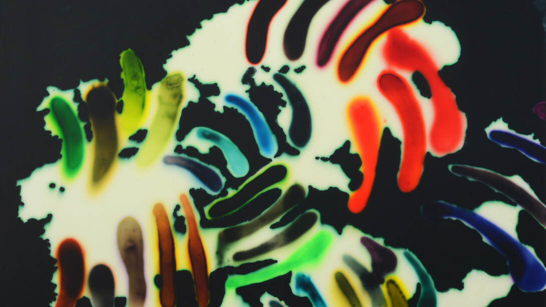 Jaq Chartier, Floaters, 2015, Acrylic resin, stains, spray paint on wood panel, 32 x 44 inches