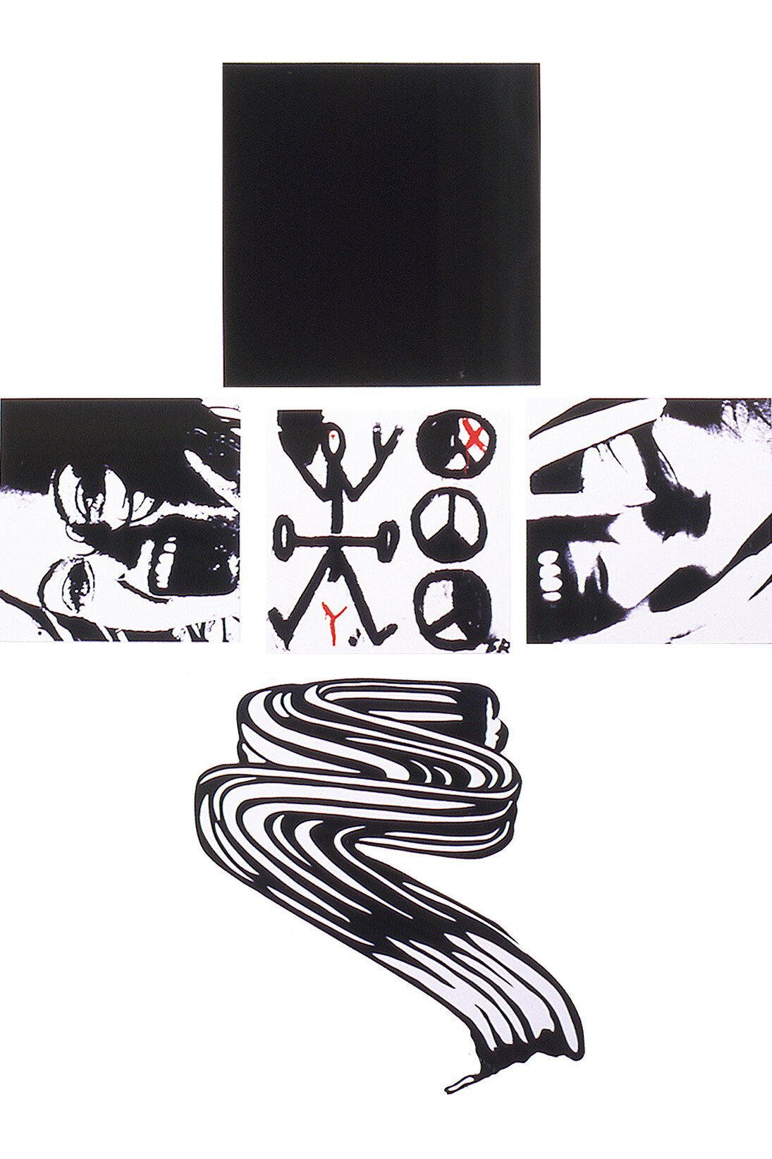 Gretchen Bender, 1951-2004, Untitled (The Pleasure is Back) 1982, Five parts; photo silkscreen print on enamel sign tin, support: 610 x 610 mm, each panel
displayed: 1829 x 1829 mm, © Estate of Gretchen Bender. Image courtesy of The Mint Museum, Charlotte, NC.
