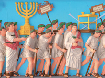 A conjectural reconstruction of the polychromy of the Yeshiva University Arch of Titus spoils panel (VIZIN: The Institute for the Visualization of History and the Yeshiva University Arch of Titus Project)