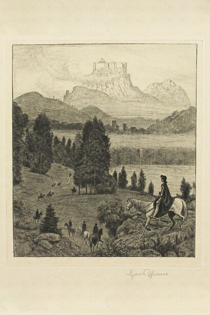 Cavaleiros a caminho do Castelo do Graal, gravura sobre papel artesanal