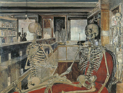 Paul Delvaux, The skeletons (1944), oil and Indian ink on panel © Fondation Paul Delvaux, Sint-Idesbald/Belgium, c/o Pictoright Amsterdam 2017