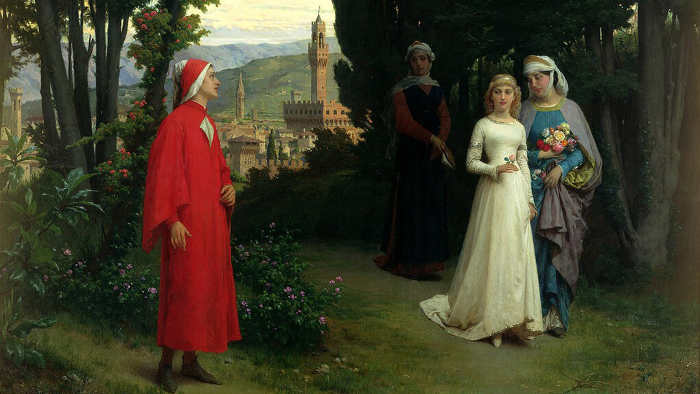 Raffaele Giannetti; Primer encuentro de Dante y Beatriz, 1877, (detalle), Newport Museum and Art Gallery (detalle)