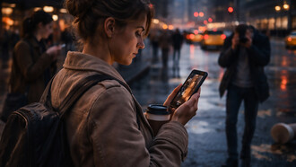 A woman watches a vertical drama on her phone while standing on a busy city street, reflecting how smartphone storytelling has become part of everyday life