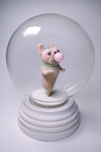 Dena Seiferling, Dog’s Day, Needle Felted on wire armature, hand lathed base, 8 x 6. Courtesy of Corey Helford Gallery