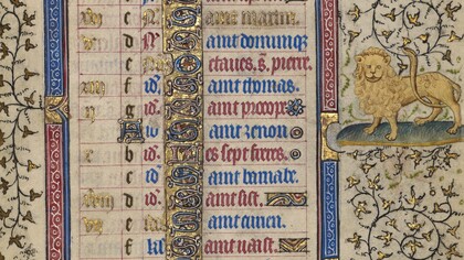 "Pagina del calendario di luglio; Raccolta del grano; Leone",1410 circa. Seguace del Maestro Egerton (francese, olandese, attivo dal 1405 al 1420 circa). Dal "Libro delle Ore", conservato al Getty Museum, Los Angeles, USA