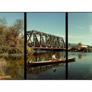Rodney Graham, Paddler, Mouth of the Seymour,  2012 – 2013, Painted aluminium lightboxes with transmounted chromogenic transparencies; triptych, 304 x 546 x 18 cm / 119 5/8 x 215 x 7 1/8 in, © Rodney Graham, Courtesy the artist and Hauser & Wirth