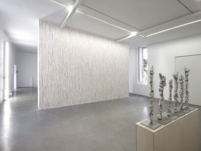 View of the exhibition “Double Eye Poke: Lynda Benglis, Dan Flavin, Sol LeWitt, Bruce Nauman”, kamel mennour (47, rue Saint-André des Arts), Paris, 2015, Curator: Béatrice Gross © Photo. Fabrice Seixas © Dan Flavin / ADAGP, Paris,
Collection Musée d'art moderne de Saint-Étienne, France © Sol LeWitt / ADAGP, Paris, Estate of Sol LeWitt, Courtesy Paula Cooper Gallery, New York © Lynda Benglis / ADAGP, Paris, Collection Pons-Seguin, Courtesy the artists 
