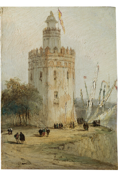 Vista de la Torre del Oro (Sevilla), Díptico con 42 Vistas Monumentales de Ciudades Españolas, Peréz Villaamil, Óleo sobre hojalata y marco neo gótico, 17,8 x 12,5 cm, Madrid, Museo Nacional del Prado