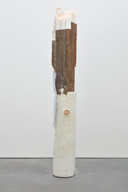 Oscar Tuazon for Ariana Reines, Ma, 2016 Concrete, wood, paper cup, candles, paper, paint, glue, poems 225 x 36 x 36 cm, 88 5/8 x 14 1/8 x 14 1/8 ins. Courtesy Stuart Shave/Modern Art, London