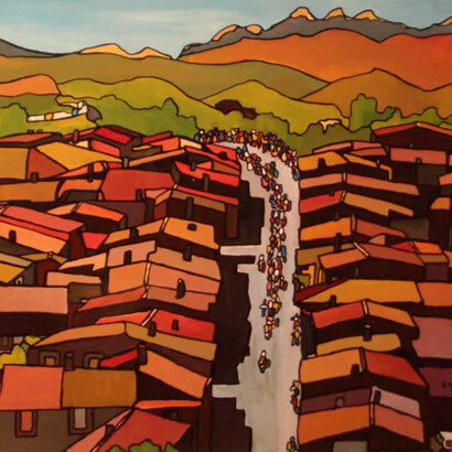 Gianni Gaschino, Il tour de France sui Pirenei, 1999, 57x40, smalto su resinato