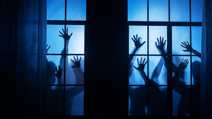 Spooky zombie hands pressing against a windowpane in the dead of night