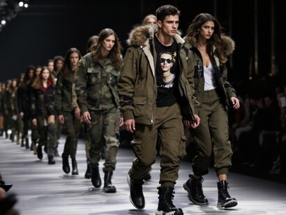 Models showcased camouflage-themed outfits on the runway