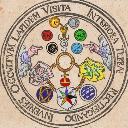 L'emblema della Tavola di Smeraldo così come riportato in un'edizione del 1600 del Golden Fleece. Colorato secondo la descrizione di Telle