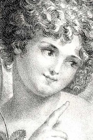 Dettaglio Cupido che simboleggia l'Amore/Amor con in mano il suo arco e una rosa e che alza un dito come se fosse un avvertimento. Litografia
