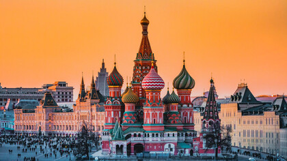 The vibrant and majestic Saint Basil's Cathedral in the Red Square of Moscow captures the essence of the city's history, offering a stunning blend of artistry and architectural grandeur