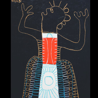 Adébayo Bolaji, I Am Here, 2023, acrylic and oil pastel on cotton canvas, 130x160 cm. Courtesy the artist and Galerie Kremers