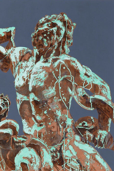 Marco Borgianni, da "Laocoonte" attribuito ad Atanodoro, Age Sandro e Polidoro,
Roma, Musei Vaticani,
2015,
tecnica mista su tela con foglia di rame e ossidazione, 150 × 120 cm

