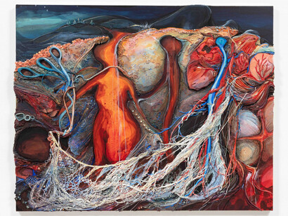 Kate Klingbeil. Fight (Bandaid), 2023. Acrylic, pigment, vinyl paint, pumice, sand, shells, and rocks collected from Lake Michigan, ceramic, and oil stick on canvas, 41 x 51 x 2 1/2 inches (104.1 x 129.5 x 6.4 cm). Courtesy of Steve Turner