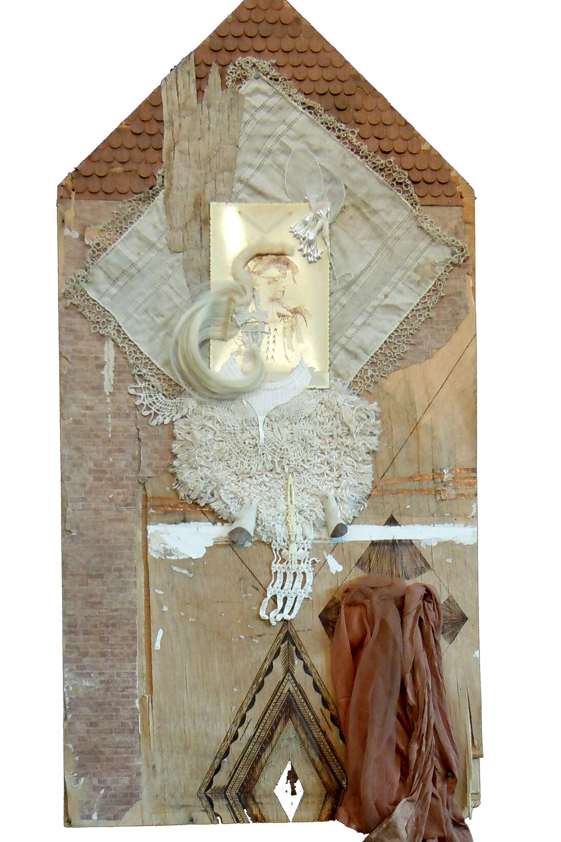 Monica Canilao, Winter Coat, 2010, vintage stockings, lace, wood burn and mixed media on found parlour portrait and wood panel, 38 x 56 cm
