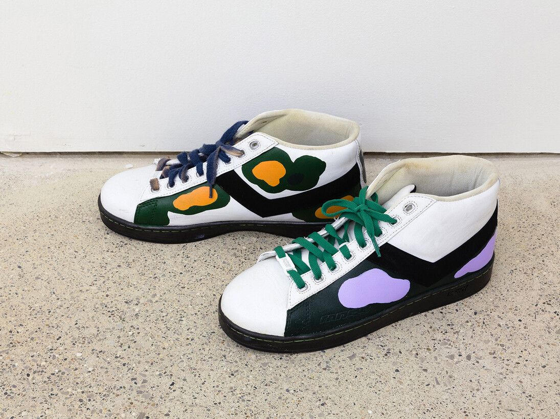 John Olson, 
Untitled, 2013,
Acrylic paint on used athletic shoes,
15.24 x 30.48 x 12.7 cm
(in. 6 x12 x5 )
