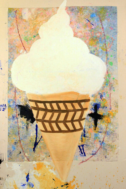 Leonard Johansson, Vanilla cone , 2015. Collage Fabrics, Acrylic, Oil, 100 x 160 cm