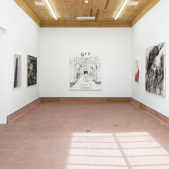 Hat Trick, curated by Vin Thorpe, installation view at Rusha & Co., Los Angeles, 2023. Courtesy of the artists and Rusha & Co., Los Angeles