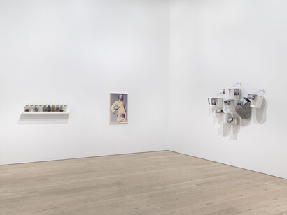 Installation view of Rachel Harrison Life Hack (Whitney Museum of American Art, New York, October 25, 2019–January 12, 2020). From left to right: Dinner, 1991; I Like What’s Nice, c. 1995; Leaktite Luck, 1995. Photograph by Ron Amstutz