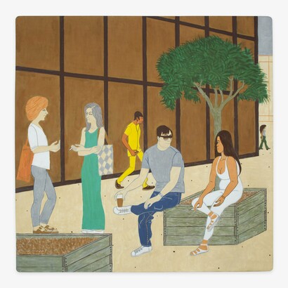 Yves Tessier, Cigarette Break on Plaza, 2023, casein on wood panel, 31 x 31 in. Courtesy of the artist and Shrine Gallery
