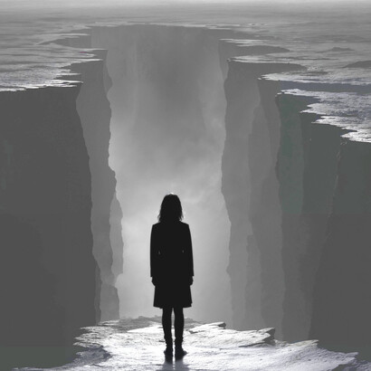 Standing at the threshold of void and fog, the human form evokes Nietzsche’s eternal question: when all collapses, what remains of the will?