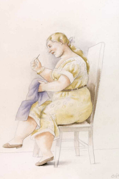 Fernando Botero, Femme assise cousant, 2006, Signed and dated ‘Botero 06’ (lower right), Watercolour on paper, 40 x 30 cm - 15.7 x 11.8 in.
