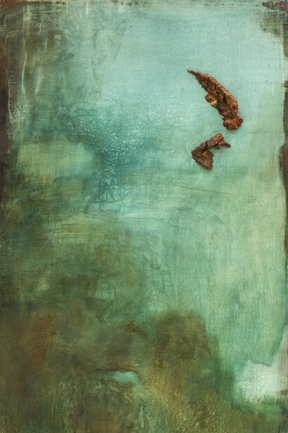 Silvia Canton, Il volo, tecnica mista tela con applicazioni di sughero, 70x140, 2019