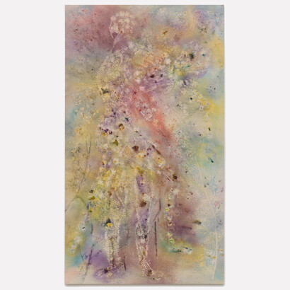 Sam Falls, All The Pretty Horses, 2023, pigment on canvas, 114x65 inches (289.6 x 165.1 cm). Courtesy of the artist and 303 Gallery, NYC