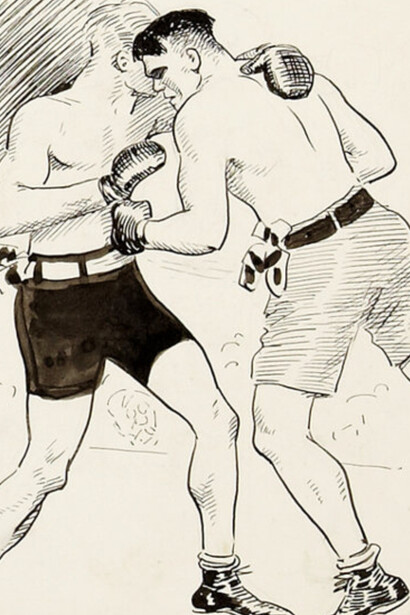 Caricatura de Tad Dorgan prediciendo una pelea entre Jack Demspey y George Carpentier en 1921