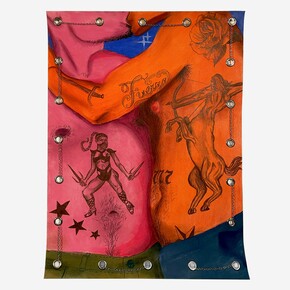 Juan Arango Palacios,
Heavy Handed, 2023,
Pastel, colored pencil, grommets, and chain on
paper,
24h x 18w in. Courtesy of the artist and Selenas Mountain