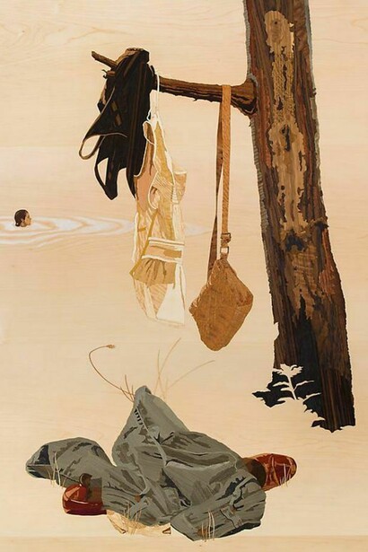 Alison Elizabeth Taylor, Into the Wild, 2012, Wood veneer, oil paint, shellac, 52 1/2 x 38 1/2 in. (133.3 x 97.8 cm)