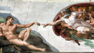 "Creazione di Adamo", Michelangelo Buonarroti, affresco, 10508-12, Cappella Sistina, Città del Vaticano