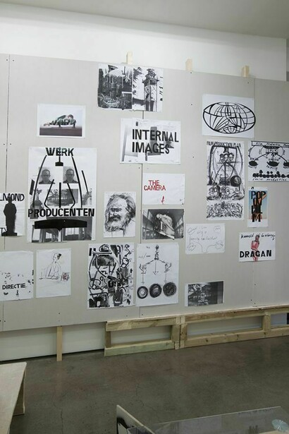 Erik van Lieshout, Film Production Plan, 19 works on paper on plasterboard and wood, 280 x 310 x 12 cm - 110 1/4 x 122 x 4 3/4 inches, 2013-14, © the artist, courtesy Maureen Paley, London