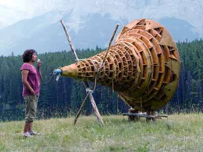 Rebecca Belmore activating her work Ayum-ee-aawach Oomama-mowan: Speaking to Their Mother, (1991) at Johnson Lake, Banff National Park, as part of the exhibition Bureau de Change, presented by the Walter Phillips Gallery, Alberta, Canada, 2008 