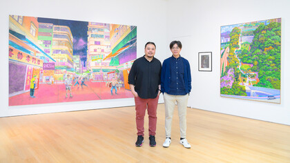 Chow Chun Fai and Stephen Wong Chun Hei stand together in Tang Contemporary Art, Hong Kong, China