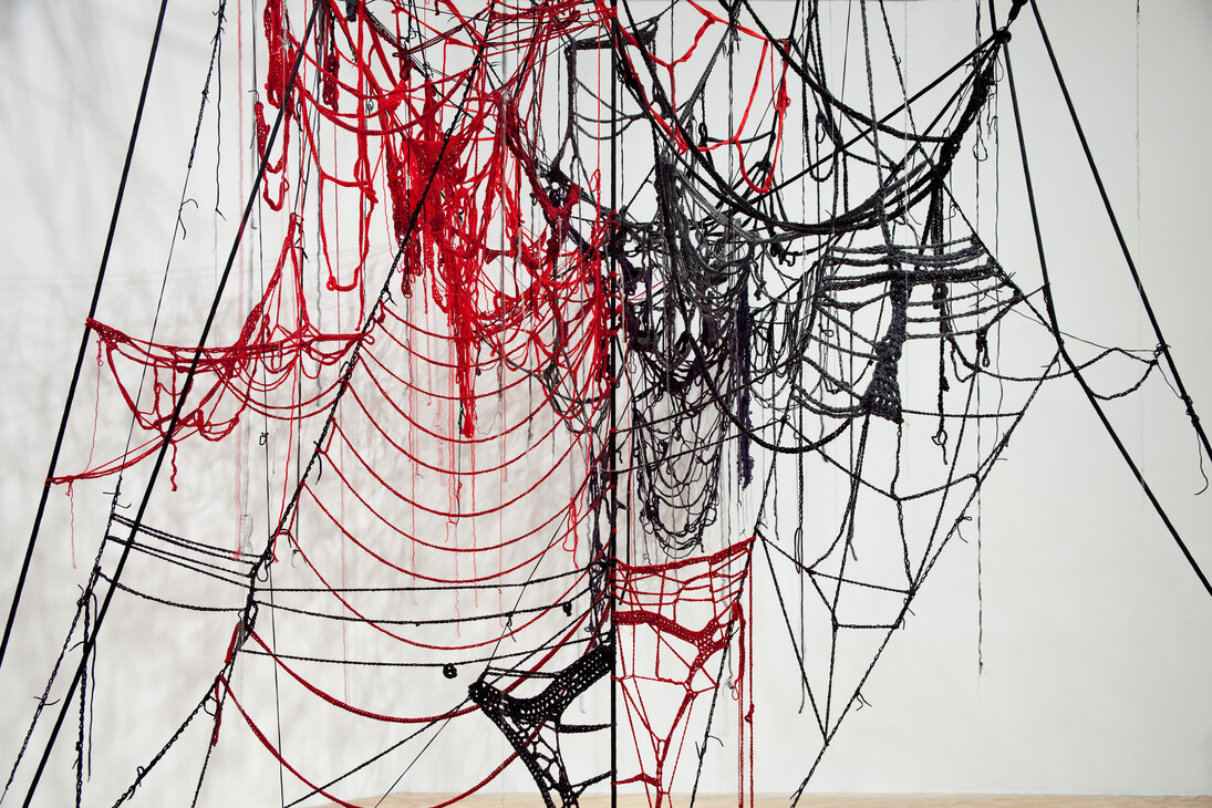 Sheila Pepe, Common Sense II, 2010. Crocheted baby and worsted weight yarns, rope, and community participation. Installation view, Hand + Made: The Performative Impulse in Art & Craft, Contemporary Art Museum Houston, Texas.
