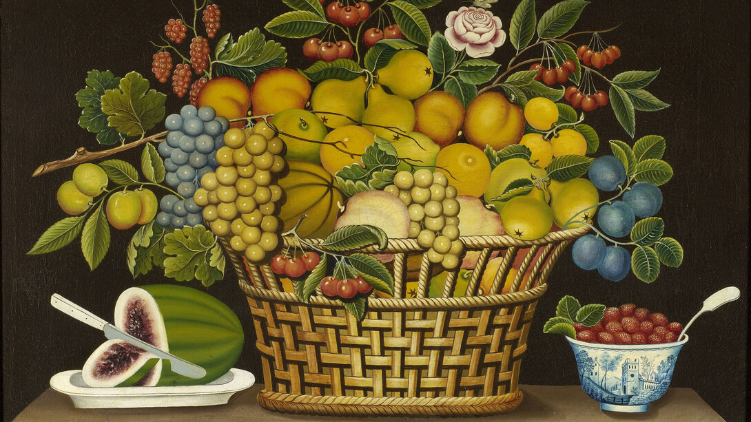 Still Life with Basket of Fruit, Artist unidentified, Probably New England, 1830–1850, Oil on canvas, 23 1/4 x 29 1/2". Photo courtesy of the Barbara L. Gordon Collection