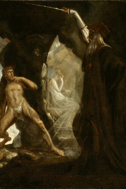 Henry Fuseli
Swiss (active in England), 1741–1825
Prospero, Caliban, and Miranda in Shakespeare’s The Tempest, Act 1, Scene 2
ca. 1806–10
Oil on canvas
35 ½ x 27 ½ in. (90.2 x 69.8 cm)
Sidney and Lois Eskenazi Museum of Art