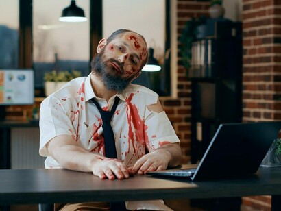 An exhausted employee, looking like a zombie, tries to focus on a modern laptop in the office, symbolizing the struggle with employee burnout, workplace stress, mental health concerns, and ineffective communication