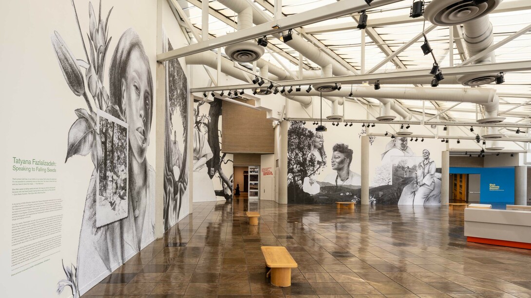 Tatyana Fazlalizadeh, Speaking to falling seeds, exhibition view. Courtesy of the California African American Museum