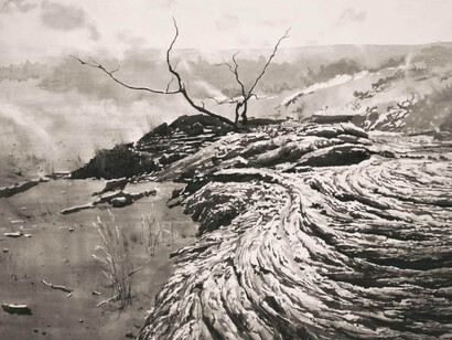 Kaʻū Desert, 2017, Ink, carbon and volcanic ash on paper, Paper and image 137.0 x 197.0 cm. © Emma Stibbon, 2017. Courtesy artist and Alan Cristea Gallery, London 