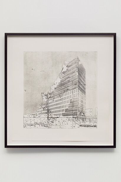 Marc Ganzglass, Building #2, 2014, Etching on Arches En-Tout-Cas, 32 x 32 inches, Edition of 5