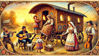 Eleonora de niña, con sus padres y artistas callejeros. Las reconstrucciones en IA de éste artículo pertenecen a Patrizia Boi 