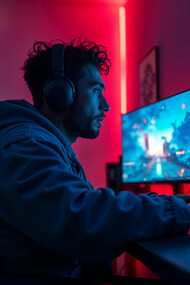 A boy playing computer games across three screens