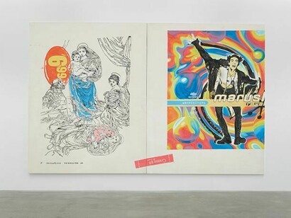 Michel Majerus, o.T. (69), 1994, Acrylic on cotton, Two panels, each: 119 1/4 x 93 1/4 inches; 303 x 237 cm, overall: 238 1/2 inches x 186 1/2 inches; 474 x 606 cm